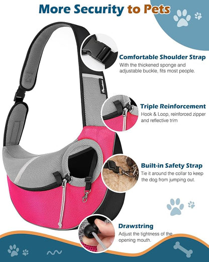 Pawaboo Pet Dog Sling Carrier, Hand Free Breathable Mesh Puppy Carrier, Dog Papoose with Zipper Touch Pocket and Adjustable Strap, Crossbody Satchel Dogs Purse for Outdoor, L, Pink