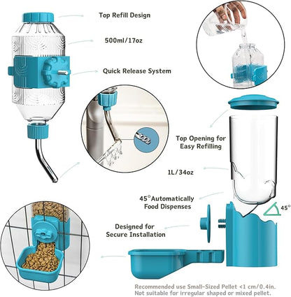 Automatic Pet Food Water Dispenser, Auto Gravity Pet Feeder Water Bottle Set for Cage, Feeding Station for Puppy Kitten Rabbit Guinea Pigs Chinchilla Ferret Hedgehog (Blue)
