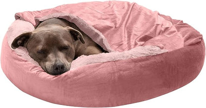 Furhaven 27" Round Calming Donut Dog Bed for Medium/Small Dogs, Washable, For Dogs Up to 45 lbs - Plush Velvet Waves Hooded Donut Bed - Rose Pink, Medium