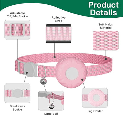 Cat Tracker,No Monthly Fee GPS Trackers for Cats Work with Apple Find My App(iOS Only),Real-Time Location Tracking,Cat Tracker GPS Collar with Safety Elastic Buckle-Pink