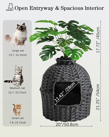SETVSON Cat Litter Box Plant Furniture Enclosure, Hidden Handwoven Rattan with Cat Litter Box and Artificial Plants, Odor Control Filter, Real Stones in Living Room, Bedroom, Corner (Black)
