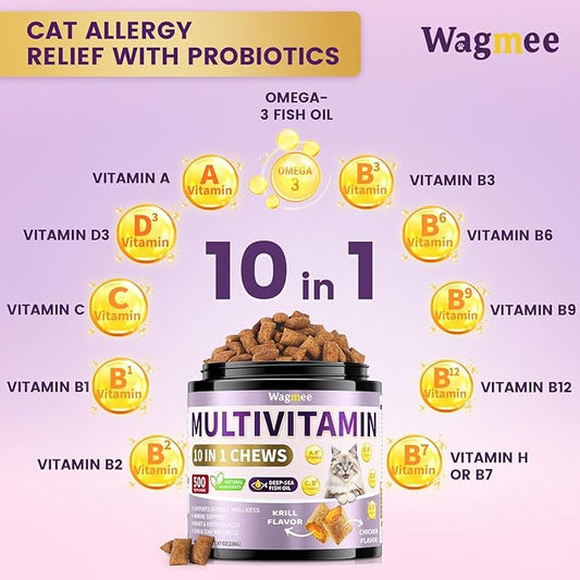 Cat Multivitamin with Fish Oil, 10 in 1 Taurine for Cats Vitamins Treats - 500 Crunchy & Creamy Chews Supports Energy, Bone, Joint, Skin & Coat Health - with Omega 3s, Biotin for All Breeds & Ages