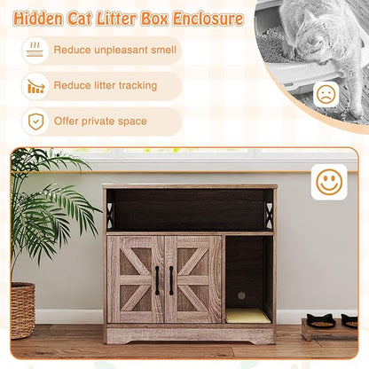 PETSITE Farmhouse Cat Litter Box Enclosure, Hidden Litter Box Enclosure Furniture with Open Storage Compartment, and Sisal Scratching Pad, Grey-Brown