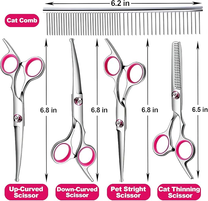 Dog Grooming Scissor, 7-in-1 Pet Grooming Scissor for Dogs, Professional Dog Grooming Kit with Safety Round Tips, Titanium Coated Cat Scissors Kit for Home Grooming (Pink)
