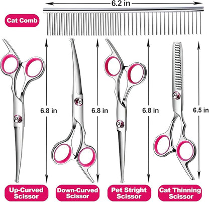 Dog Grooming Scissor, 7-in-1 Pet Grooming Scissor for Dogs, Professional Dog Grooming Kit with Safety Round Tips, Titanium Coated Cat Scissors Kit for Home Grooming (Pink)