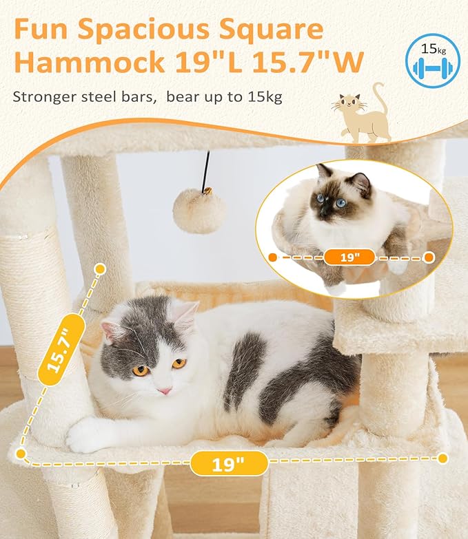 ABCPET Cat Tree Large Cat Tower Tree 68" Multi-Level Cat Tower for Indoor Cats with Sisal Scratching Posts, Widen Cat Perche, Square Hammock, 2 Widen Condos, Scratching Posts, Beige