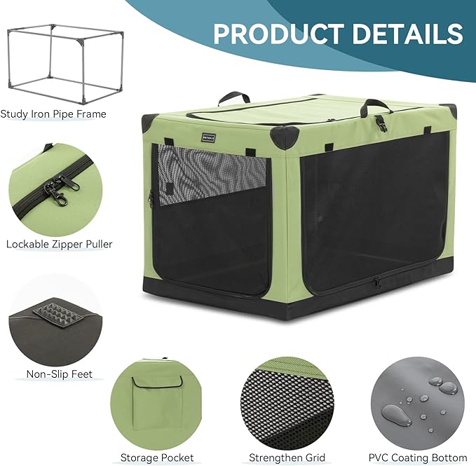 PETSFIT 30" Soft Portable Dog Crate – Patented Spiral Sturdy Frame, Collapsible Travel Kennel for Medium Dogs, 3 Mesh Door, Lockable Zippers, Indoor & Car Use Green