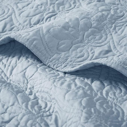 Madison Park Throw Blanket - Reversible Damask Quilting Design, Soft Pre-washed Microfiber, Cotton Filled Spread, Cozy Summer Blanket - Throw for Living Room Couch, Sofa, Bed, Quebec, 60x70", Blue