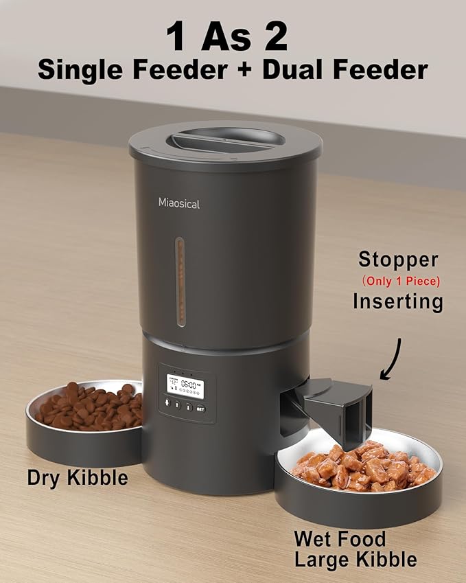 Miaosical Automatic Cat Feeder 2 Cats, 4.2L Dry Food Auto Dispenser with Double Bowls,Dual Power Supply,Programmable Portion Control,10s Voice Recorder(Black,Stainless Steel Bowls)