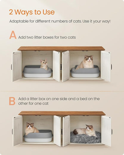 Feandrea Double Cat Litter Box Enclosure, Modern Litter Box Furniture Hidden for 2 Cats, Front Entry, Cat House, Side End Table, TV Stand, 59 x 19 x 19.5 Inches, Honey Brown, Rustic White UPCL010K01
