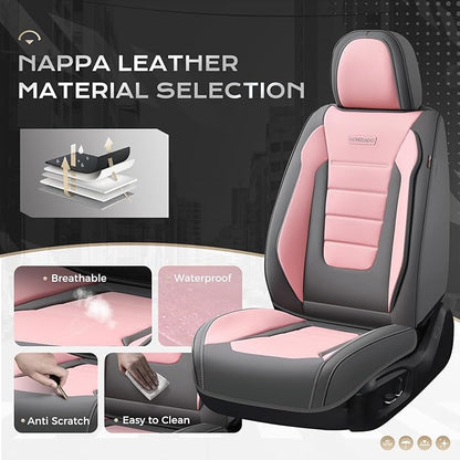 Coverado Car Seat Covers Full Set, Nappa Leather Seat Covers for Cars, Car Seat Protector Car Seat Cushion, Front and Back Seat Protectors Cushions Universal Fit for Most Cars Vehicles(Gray&Pink)