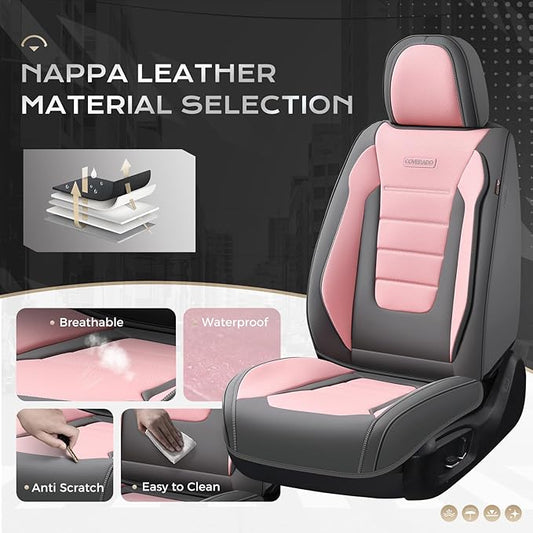 Coverado Car Seat Covers Front, Seat Covers for Cars, Waterproof 2-Pack Car Seat Cushions, Leather Carseat Seat Protectors, Universal Seat Covers Fit for Most Sedans SUV Pick-up Trucks(Gray&Pink)