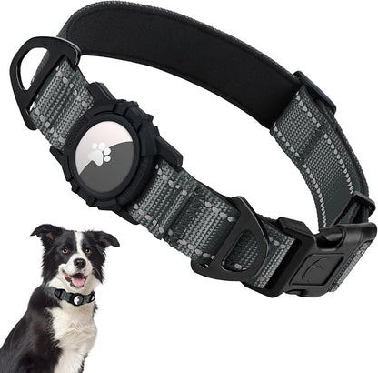 Taglory AirTag Dog Collar with Waterproof Holder for Medium Dogs, Gray, M | Reflective for Night Walks & Low-Light Safety, Track Your Pup Peace of Mind, Adjustable Soft Padded, No More Dangling Tags