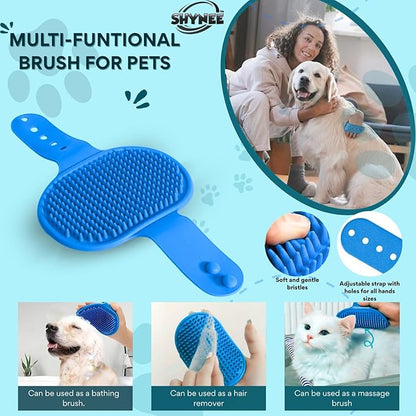 SHYNEE 8PCs Dog Grooming Kit - Dog Shampoo Brush | Washing Gloves | Adjustable Dog Bath Brush | Dog Paw Cleaner | 2X Toothbrush | Scrubber with Handle for Bath & Massage - A Complete Pet Grooming Kit