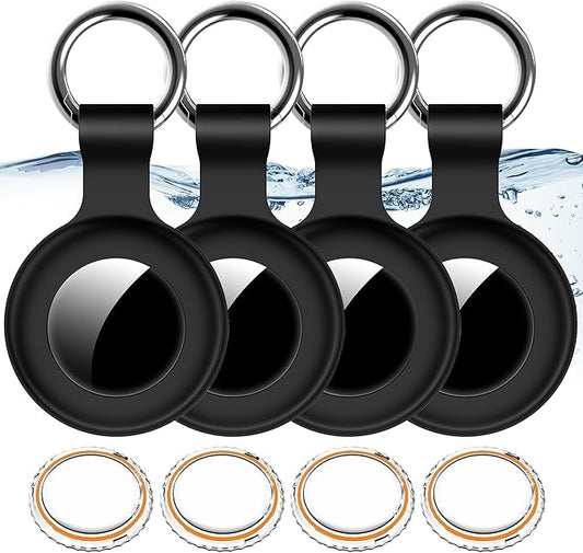 1|2|4Pack for Apple AirTag Holder,for Air Tag 2nd &1st Genaretion,Waterproof GPS Tracker Air Tag Keychain with Cover Anti-Scratch Silicone for Air-Tag Case for Pets,Kids,Luggages-4 Black