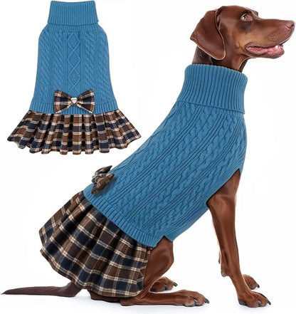 KYEESE Dog Sweater Pullover Dog Sweaters for Large Dogs Soft Turtleneck Pet Sweater Dress with Bowtie Warm Comfy Pet Coats Stretchy Knitwear Pets Sweaters Thick Dogs Clothes, Blue, XXX-Large