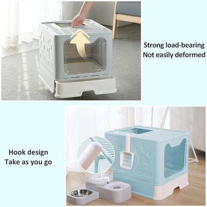 Panghuhu88 Foldable Cat Litter Box with Lid, Large Top Entry Cat Toilet, Enclosed Cats Potty with Litter Scoop, Drawer Type Easy Clean Cats Litter Pan(Blue)
