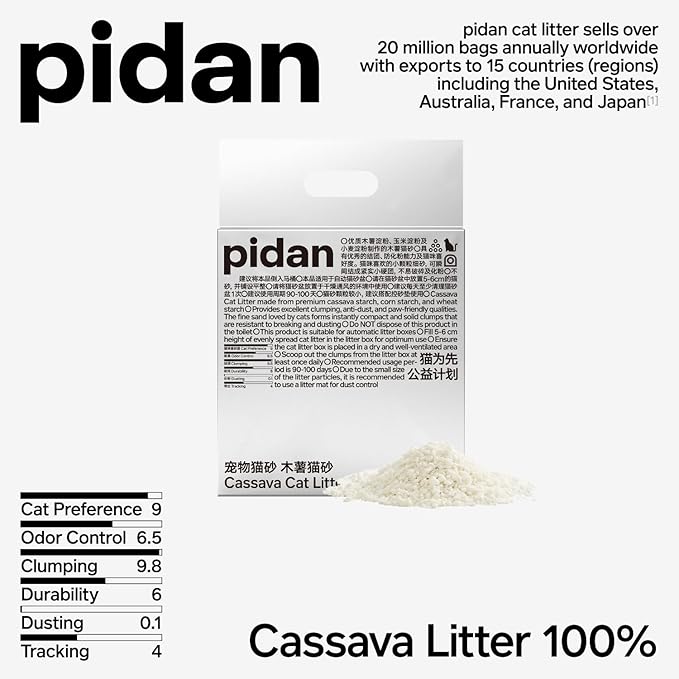 pidan Cassava Cat Litter clumping,Odor Control,Plant-Based Natural Ingredients,Ultra Absorbent and Fast Drying,No Dust,Unscented (5.3lb×4bags)