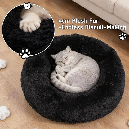 Calming Donut Dog Beds for Small Dogs Cats - Washable Removable Cover Non-Slip Bottom, Round Pet Bed Puppy Bed Warming Fluffy Faux Fur Anti-Anxiety, Fits up to 25 lbs (Black, 23")
