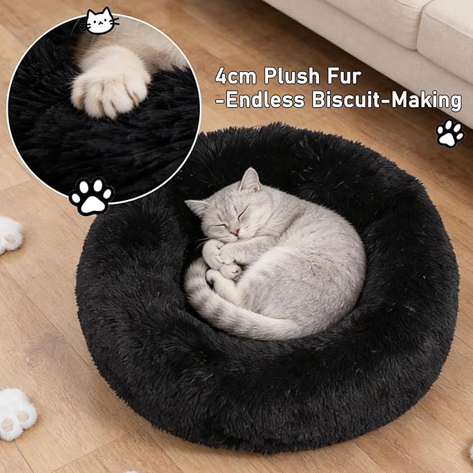 Calming Donut Dog Bed Medium Size Dog - Washable Removable Cover Non-Slip Bottom, Round Pet Bed Cat Bed Warming Fluffy Plush Faux Fur Anti-Anxiety, Fits up to 45 lbs (Black, 30")