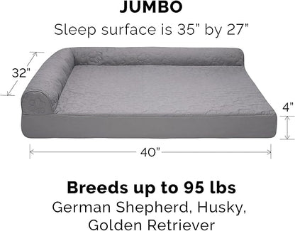 Furhaven Orthopedic Dog Bed for Large Dogs w/ Removable Bolsters & Washable Cover, For Dogs Up to 95 lbs - Pinsonic Quilted Paw L Shaped Chaise - Titanium, Jumbo/XL