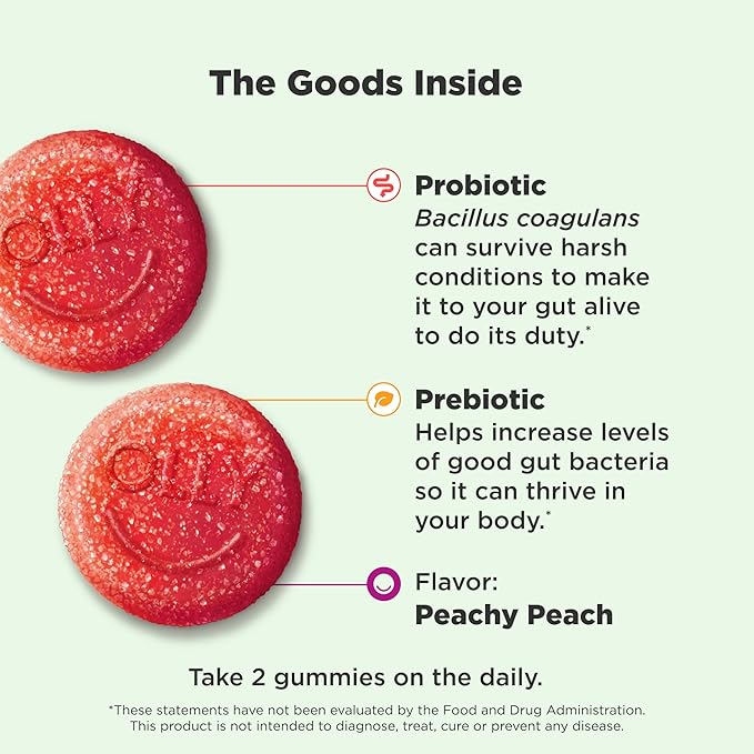 OLLY Probiotic + Prebiotic Gummy, Digestive Support and Gut Health, 500 Million CFUs, Fiber, Adult Chewable Supplement for Men and Women, Peach, 60 Day Supply - 60 Count