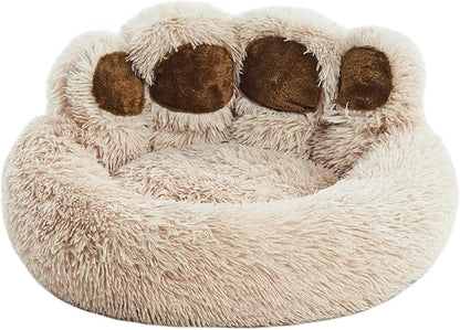 Jiupety Paw Shape Calming Pet Bed, Plush Faux Fur Donut Bed for Dogs & Cats, Machine Washable, Non-Slip Bottom, Large Size (26"×26"×8"), Camel