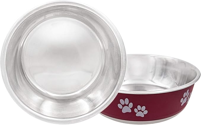 Food Bowl & Water Bowl for Dogs & Cats | Designer Series: Paw Print Detail, Stainless Steel & Maroon, 13 oz (FPP-Maroon S)