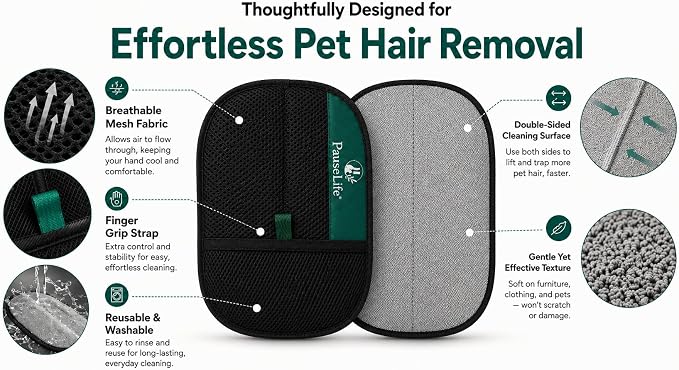 Pet Hair Remover Glove - Reusable Double-Sided Lint Brush Mitt for Dog and Cat Hair, Removes Fur from Furniture, Couch, Carpet Car Seats & Clothing