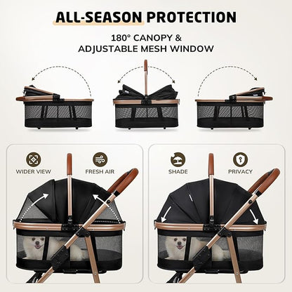 Pet Stroller for Small/Medium Dogs & Cats Up to 50 lbs, 3-in-1 Foldable Stroller w/Detachable Carrier & Car Seat, Removable All-Season Liner, Sunshade, Storage Basket & Cup Holder, All-Terrain, Black