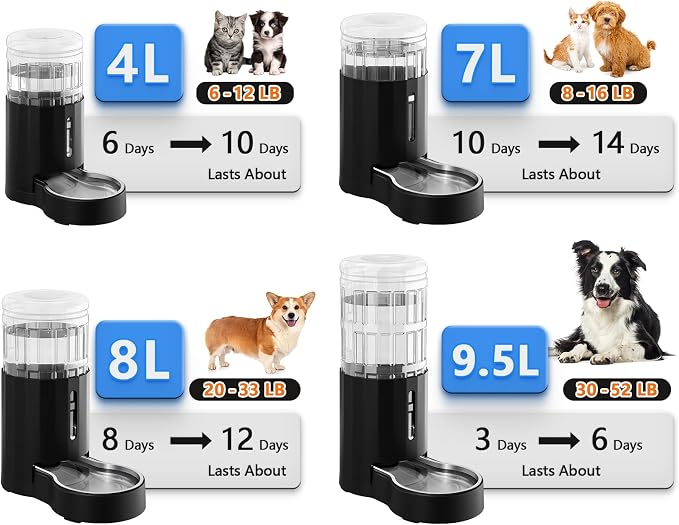 CZPET Dog Water Bowl Dispenser 8L, Wider Mouth Gravity Refilling (Black) | With Stainless Steel Bowl Gravity Waterer, Large Capacity and Drinking Area Noise-Free for Pets