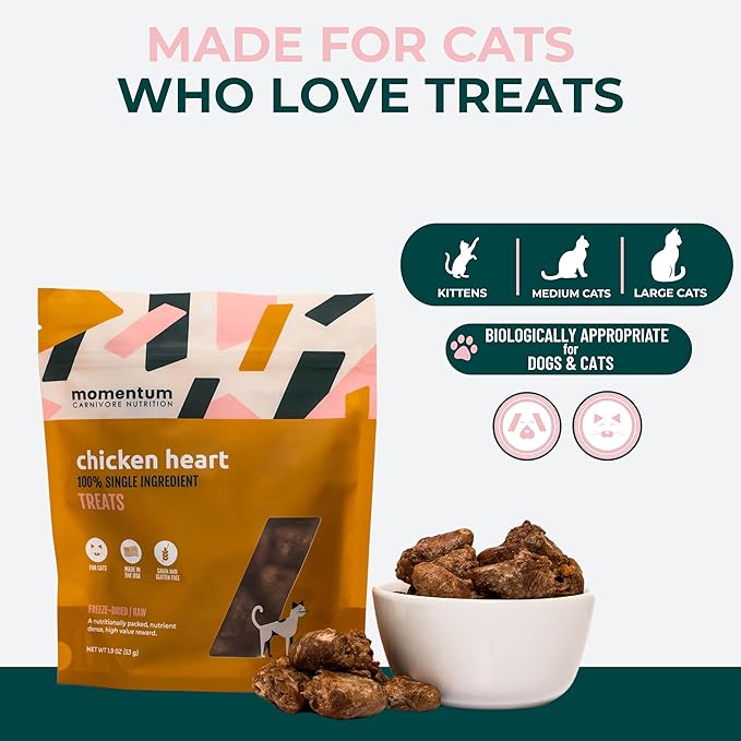 Momentum Carnivore Nutrition Freeze-Dried Chicken Heart Cat Treats – Single-Ingredient, High-Protein, All-Natural, Grain-Free, Naturally Nutrient-Rich – Made in USA – 1.9 oz Bag