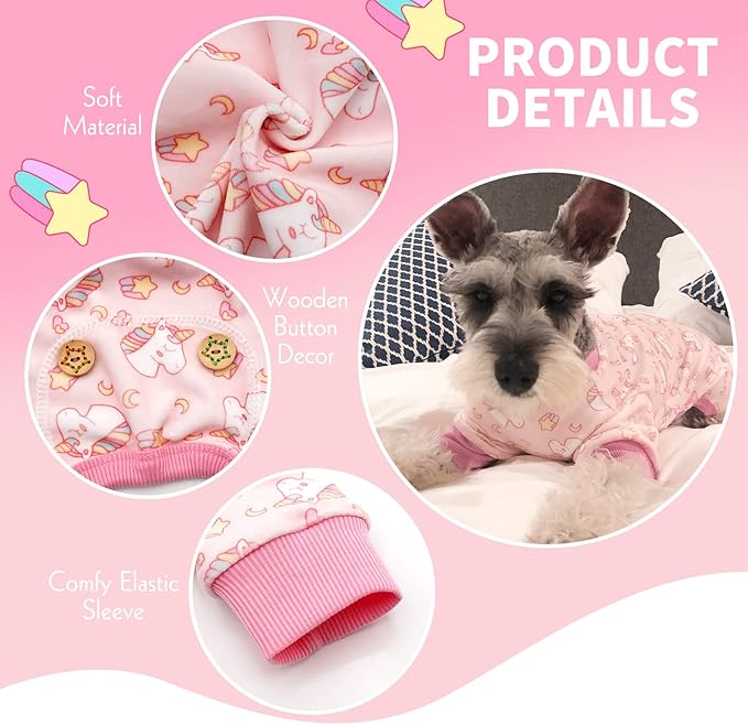 KYEESE Dog Pajamas Velvet Dog Pajamas Small Sized Dogs Soft Dogs Clothes Pet Coat Stretchy Doggie Pjs Pet Costume with Pink Unicorn Pattern Comfy Doggie Jammies Onesie, Medium