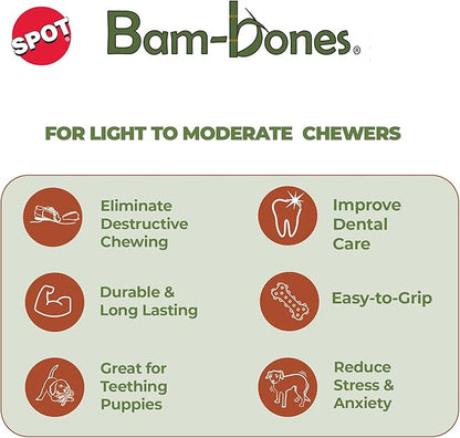 SPOT Bam-Bones Bone - Made with Strong Bamboo Fiber, Durable Long Lasting Dog Chew for Light to Moderate Chewers, Great Toy for Adult Dogs & Teething Puppies under 25lbs, 5.75in, Chicken Flavor