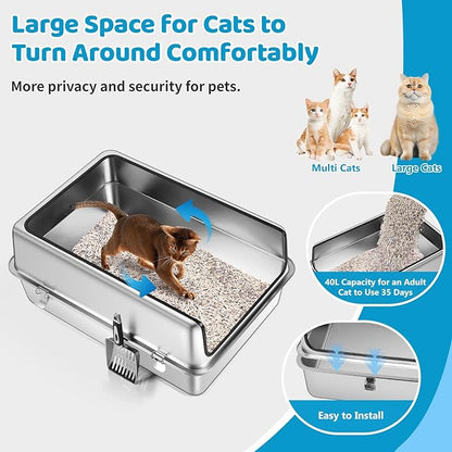 XXXL Stainless Steel Cat Litter Box, 28" L x 19.7" W x 12" H Extra Large Semi Enclosed Removable Metal Litter Tray with High Sided Enclosure, Scoop, Anti-Leakage, Non-Sticky, Easy Cleaning