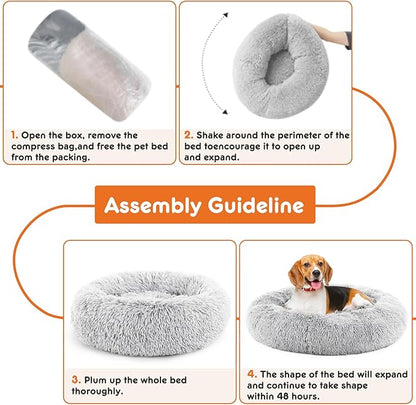 Sweetcrispy 30.7"x30.7" Donut Dog Bed, Large Round Calming Cat Bed with Washable Waterproof Cushion, Anti-Anxiety & Anti-Slip Fluffy Cuddle Cozy Faux Fur Plush for Pet Puppy Indoor Sleeping, Gery