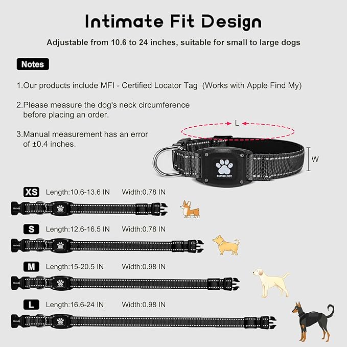 GPS Dog Collar Tracker 2-in-1,Reflective Waterproof Pet Collar,iOS-Only,No Monthly Fees,Unlimited Range,Ideal for Dog Tracking pet Tracker,for Small Medium Large Dogs(M (15"-20.5"), Black)