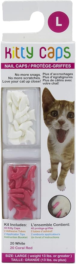 Kitty Caps Nail Caps for Cats Safe, Stylish & Humane Alternative to Declawing Stops Snags and Scratches, Large (13 lbs or greater), Pure White & Coral Red (Pack of 1)