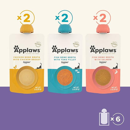 Applaws Natural Bone Broth Wet Cat Food Topper, Limited Ingredient Broth for Cats, Protein Wet Food Topper for Cats, Fish and Chicken Variety Pack(6 x 3oz Spout Pouches)
