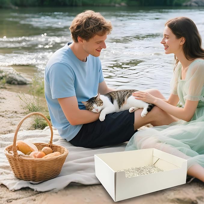 8 Pack White Disposable Litter Boxes for Cats, 14.8 Inch Foldable Paper Kitty Tray with Scoop, Waterproof Cardboard Travel Litter Box for Cats Small Pets - Low Entry