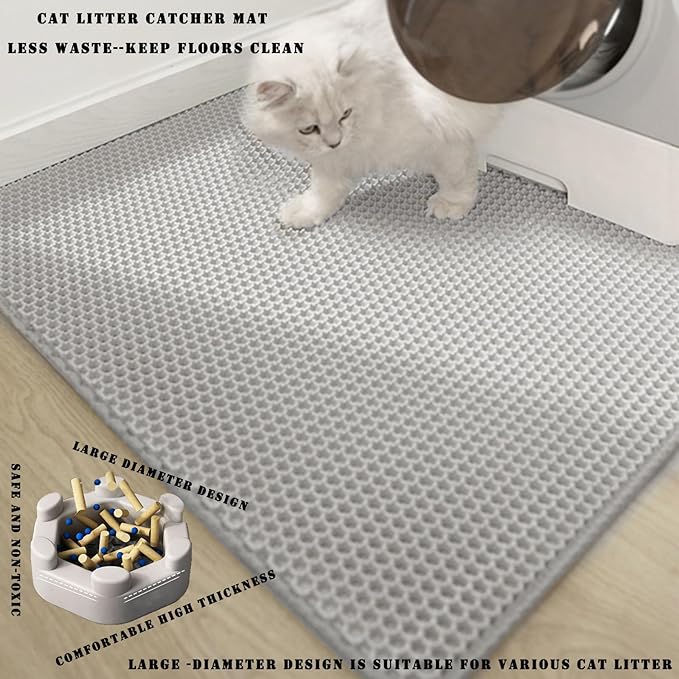 HCY&WLD Cat Litter Mat, 45x26/35x24/30x22/24x18 Inch Double Layer Cat Litter Box Mat, EVA Non-Slip, Waterproof Urine Proof Cat Litter Catcher Mat, Easy Clean Scatter Control (30x22 Inch, Black)