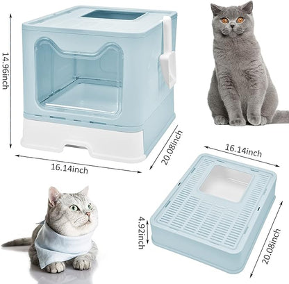 Panghuhu88 Foldable Cat Litter Box with Lid, Large Top Entry Cat Toilet, Enclosed Cats Potty with Litter Scoop, Drawer Type Easy Clean Cats Litter Pan(Blue)