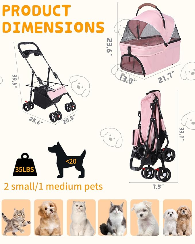 Pet Stroller with Removable Carrier, 35lbs Capacity - One-Click Foldable Dog Stroller, Cat Carrier & All-Terrain Wheels, Compact Travel Pet Stroller for Small to Medium Pets-Pink