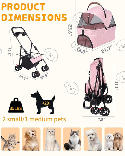 Pet Stroller with Removable Carrier, 35lbs Capacity - One-Click Foldable Dog Stroller, Cat Carrier & All-Terrain Wheels, Compact Travel Pet Stroller for Small to Medium Pets-Pink