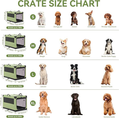 PETSFIT 26" Soft Portable Dog Crate – Patented Spiral Sturdy Frame, Collapsible Travel Kennel for Small Dogs, 3 Mesh Door, Lockable Zippers, Indoor & Car Use Green