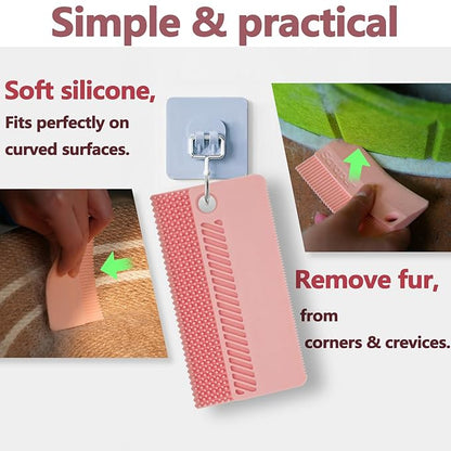 Self-Cleaning Cat Shedding Grooming Brush for Small Dog Pet Short Hair Remover Set Reusable Lint Removal Tool Carpet Scraper for Clothes Couch Bedding Furniture Car Pink