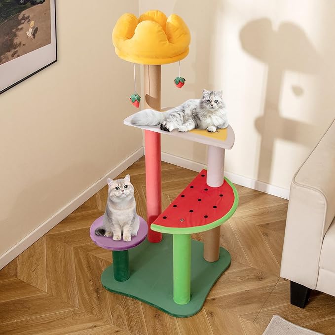 PETSITE 45-inch Cute Cat Tree, Multi-Level Cat Tower with Scratching Posts, Plush Padded Top Perch, Fruit-Shaped Platforms, and Strawberry Dangling Balls, Fruit Cat Tree Tower for Indoor Cats