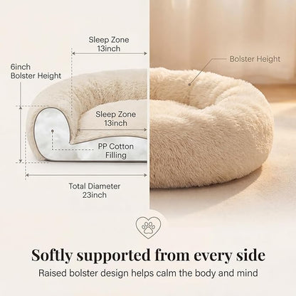 Calming Donut Dogs Beds for Small Dogs Washable,23inch Plush Round Pet Bed for Cozy Sleep,Fluffy Faux Fur Large Cat Bed,Fits up to 25 lbs Pets,Beige