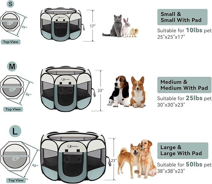 Siedihit Dog Playpen with Washable Pee Pad, Puppy Pet Cat Playpen Small Dogs Tent Crate Indoor/Outdoor, Portable Pop Up Kennel with Carrying Case for Cats/Rabbits(Grey,Small with pad)