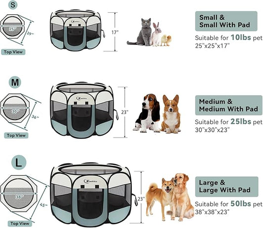 Siedihit Puppy Playpen for Large Dog Cat, Dogs Tent Crate Cage Indoor/Outdoor, Portable Pop Up Dog Kennel with Carrying Bag for Rabbits, Removable Top (Grey with Pad, Large)